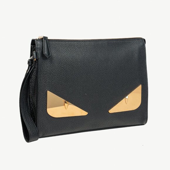 Fendi Monster Black Pebbled Leather Large Clutch - Picture 2 of 12